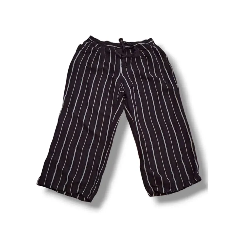 Black White Pinstripe Linen Rayon Wide Leg Cropped Pants XL Casual Coastal Boho - Picture 5 of 9